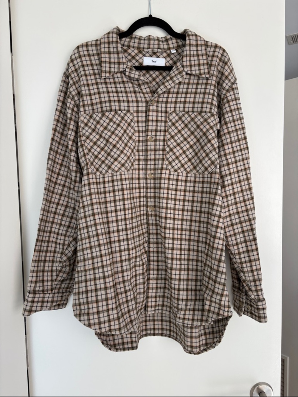 TNA Beige and Green Plaid Button-Up Shirt